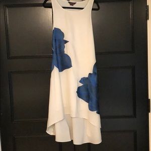 white dress with blue embroidered flowers.